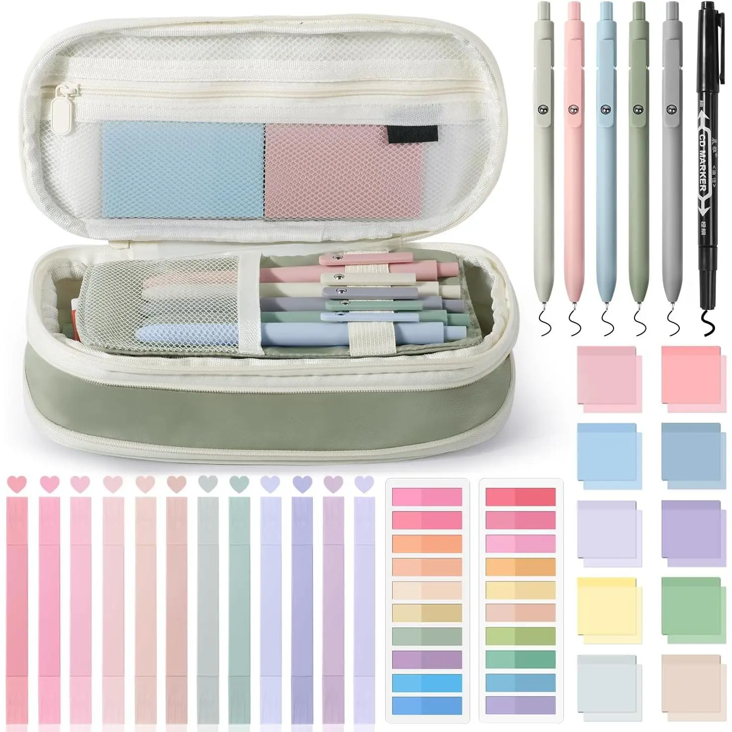 49-Count Book Annotation Kit - Aesthetic Pencil Case Bag with Highlighting Tools, Dual-End Pens, Markers, 900-Sheet Transparent Index Tabs, Translucent Sticky Notes, 500-Count Work & Study Supplies (Green, 9.45x4.33x1.38in, Office & School Ready)