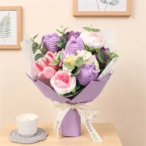 Artificial Crochet Flower Bouquet, Handmade Knitted Flowers, Roses Daisies Tulips, Perfect Gift for Mother's Day Valentine's Day Wedding