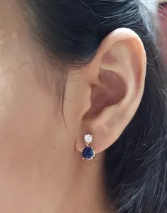 14Kt Gold Created Blue Sapphire & Lab Grown Diamond Stud Earrings