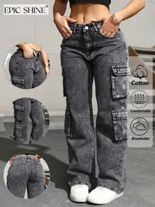 Women's Jeans Dark Grey Washed Multi-pocket Straight Leg Cargo Pants Casual Commuter Style Soft Stretch Comfortable Loose Fit Suitable for All Seasons Outdoor Shopping Dating