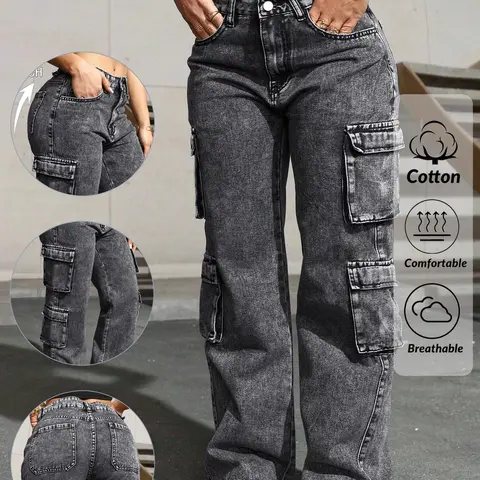 Women's Dark Grey Washed Denim Jeans With Pockets, Multi-Pocket Straight Leg Cargo Pants, Casual Commuter Streetwear, Soft Stretch Comfortable Loose Fit, High Waisted Jeans Suitable for All Seasons, Outdoor Shopping and Dating