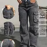 Women's Dark Grey Washed Denim Jeans With Pockets, Multi-Pocket Straight Leg Cargo Pants, Casual Commuter Streetwear, Soft Stretch Comfortable Loose Fit, High Waisted Jeans Suitable for All Seasons, Outdoor Shopping and Dating