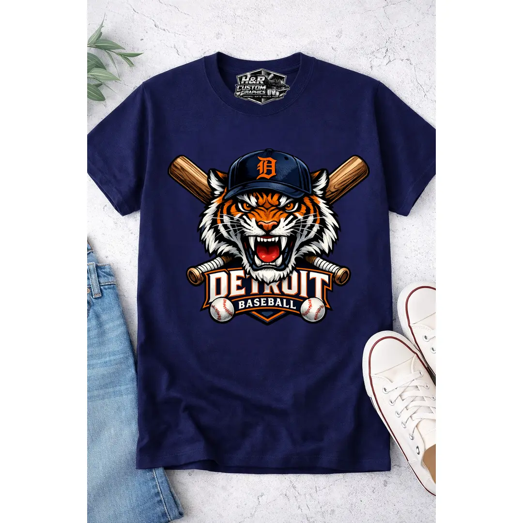 Detroit Roaring Tiger Baseball Shirt – Crossed Bats Graphic Tee – Detroit Fan Navy T-Shirt Printed Everyday