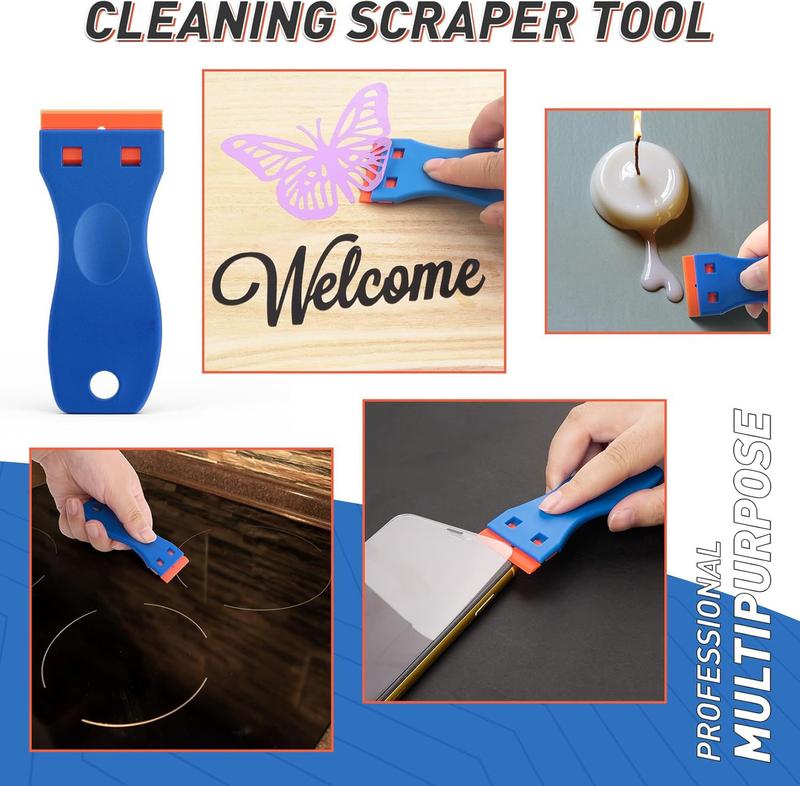 2 Pack Plastic Razor Blade Scrapers with 100 Plastic Blade Refills, Multi-Purpose Glue Remover Tool for Household Cleaning and Car Vinyl, Stickers, Labels and Adhesive Removal