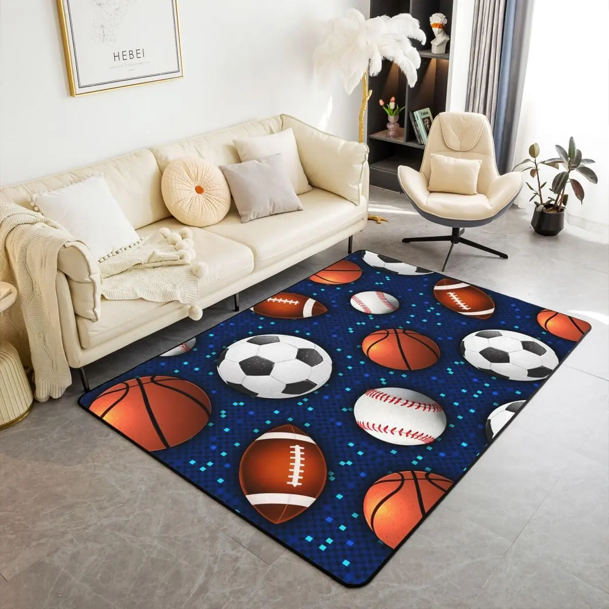 Ball Game Area Rug,Baseball Carpet 3x5,Basketball Soccer Indoor Floor Mat,Glowing Neon Sports Theme Area Runner Rug for Living Room Bedroom