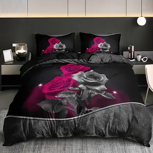 Rose Floral Pattern Bedding Set, Includes 1 Fitted Sheet and 2 Pillowcases, Bedroom Decor, Comfortable and Stylish, Perfect Gift, Decorative Bedsheet Sets