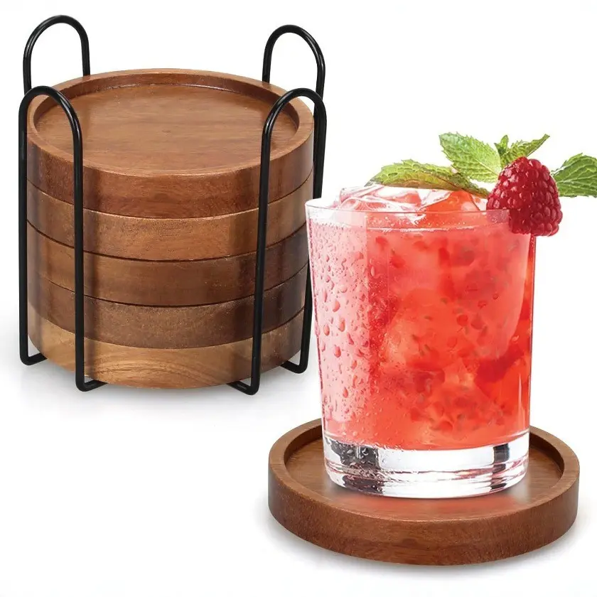 6-Piece Natural Wood Drink Coasters Set with Holder, Coasters For Drinks, Rustic Coffee Table Decor, Tabletop Protection, Ideal for Holidays