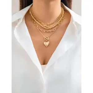 Women's Punk Style Love Heart Necklace & Chain Necklace & Beaded Necklace, Stackable Clavicle Chain, Multilayer Necklace, 4pcs/set Trendy Ot Buckle Design Matching Necklaces, Chic All-match Jewelry As Gift for Girlfriend, Exquisite Jewelry Gift
