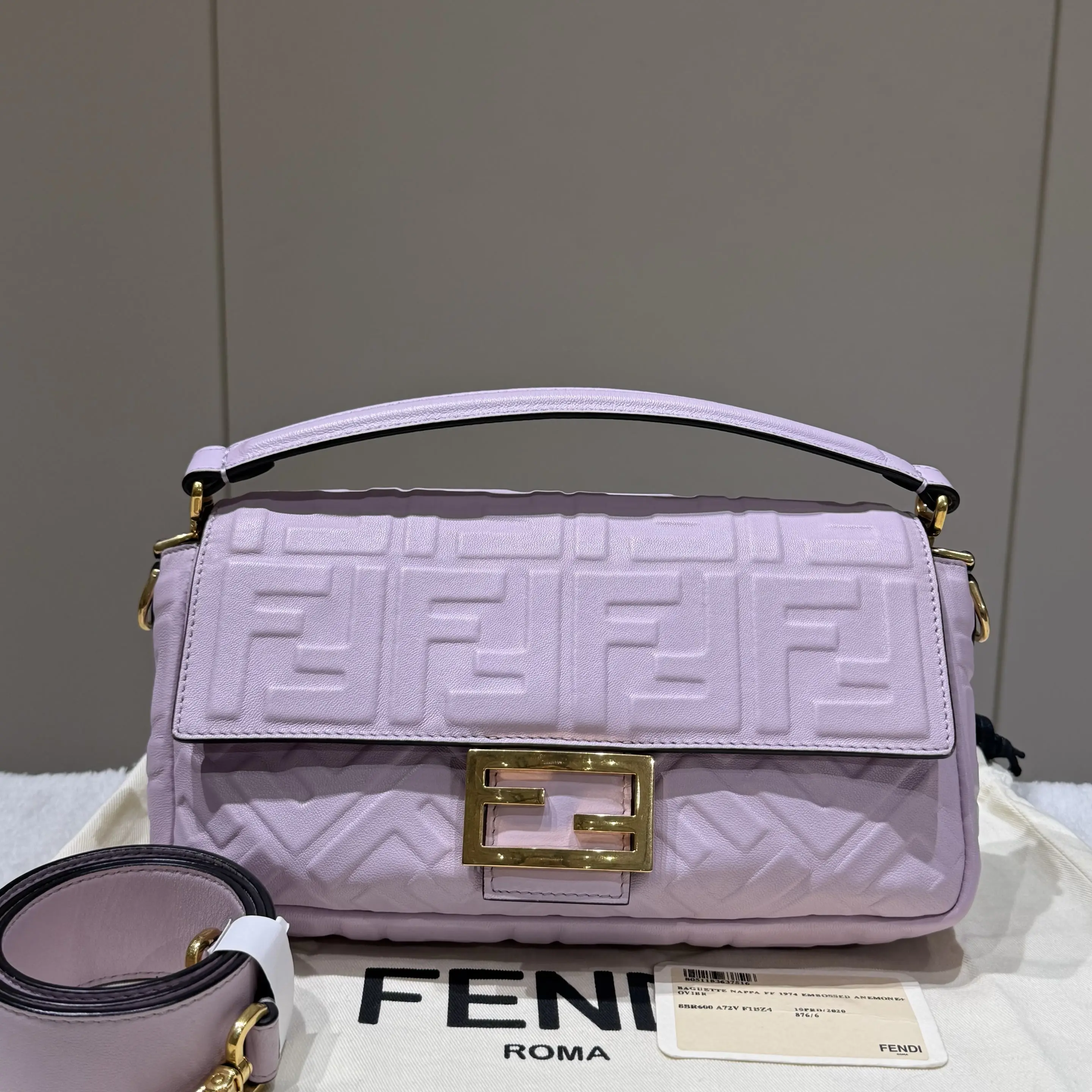 Pre-owned FENDI leather Crossbody Bags Baguette Pastel Lavender Embossed FF Nappa Gold FF Flap | 30151669