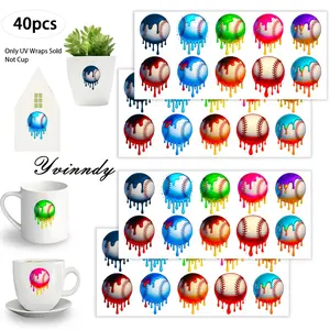 40Pcs/set Dripping Baseball Iron On Stickers For Cup Be Waterproof UV DTF Printable Vinyl Paper Fun Designs Durable Construction Long-Lasting Adhesion Must-Have For Craft Enthusiasts Cups Mugs Sticker Sold Only Sticker Not Cup