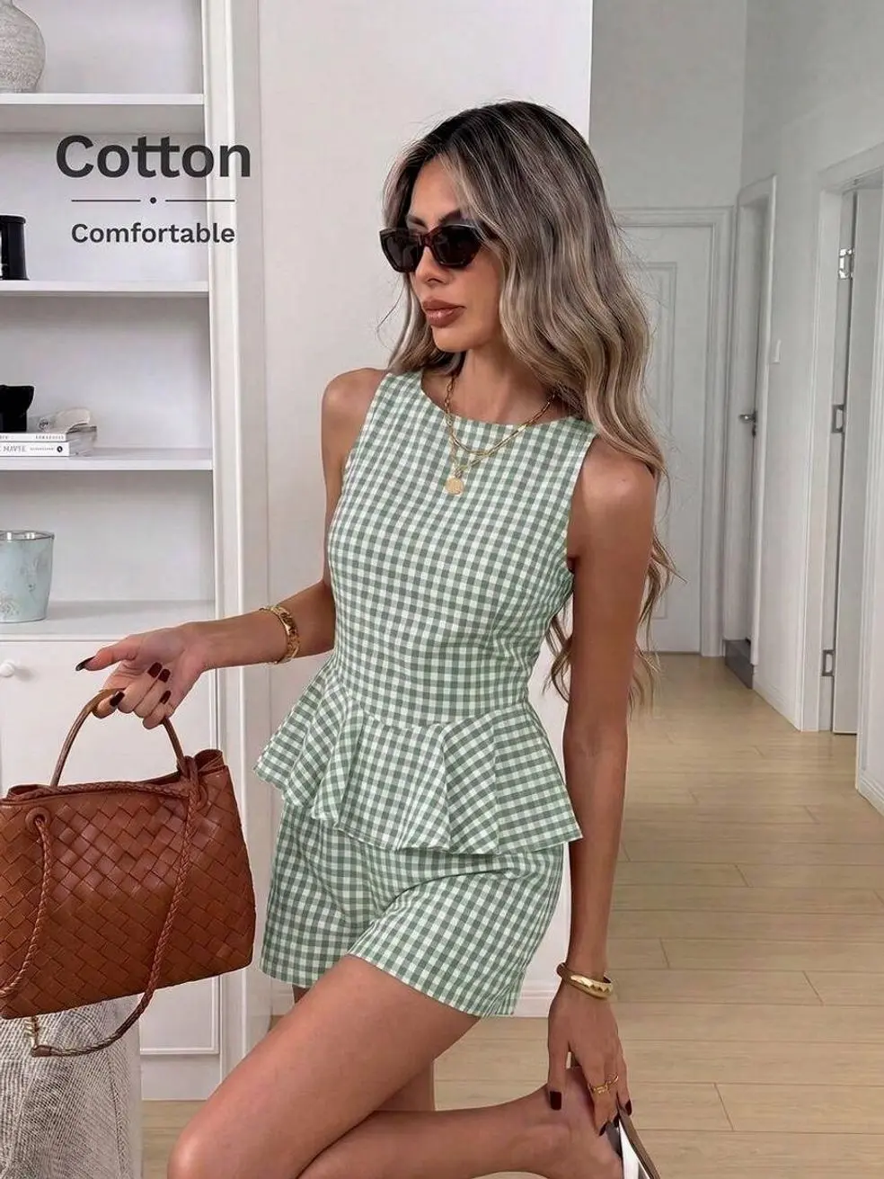 2pcs/Set Sleeveless Ruffle Hem Blouse Vest And Elastic Waist Shorts, Red And White Plaid, Summer Picnic Vacation French Style Elegant