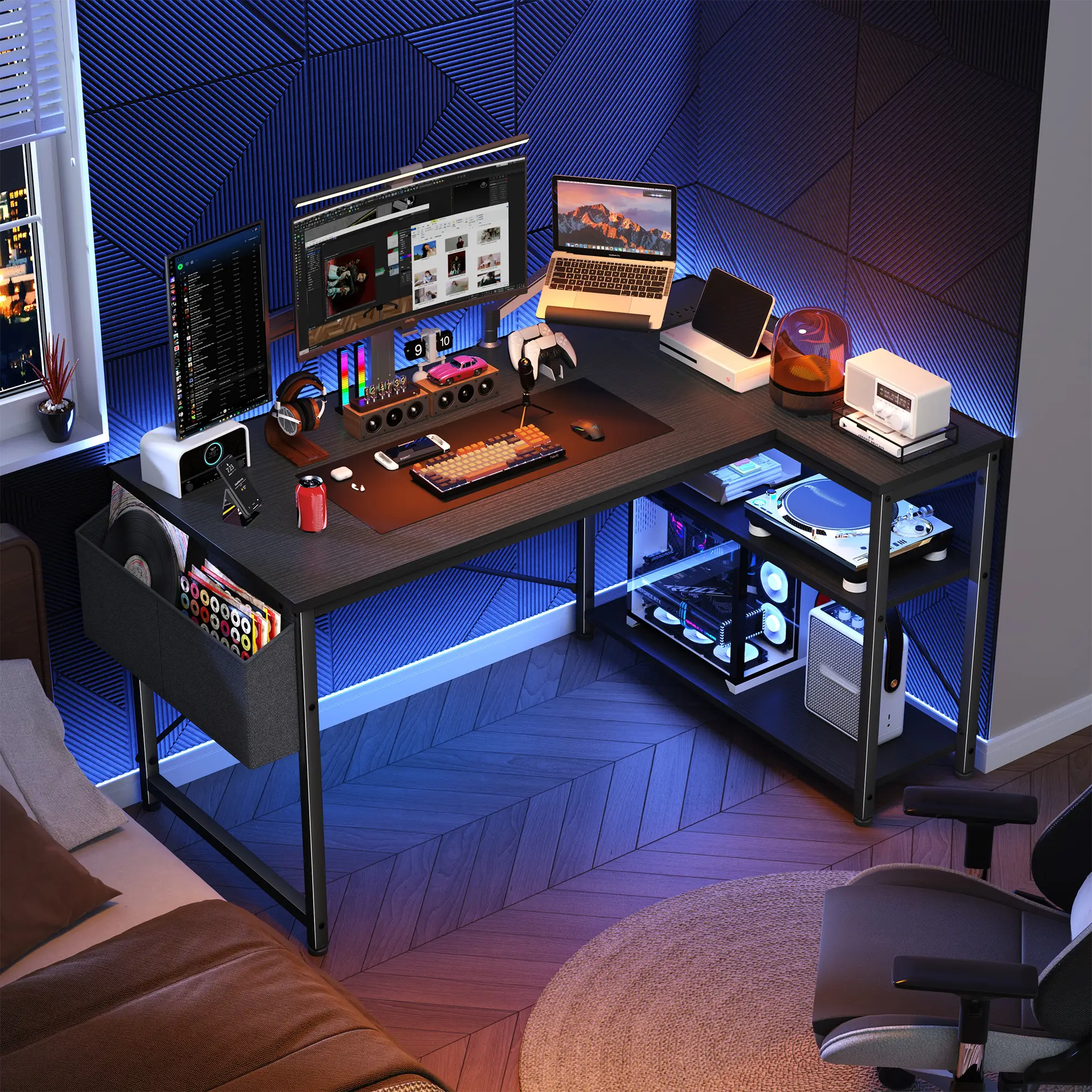 【Dorm Room Gaming Setup】Raybee 39"/47" L Shaped Gaming Desk Born for Dorm & Apartments, Sturdy Computer Desktop with Power Outlets,USB,Reversible Corn