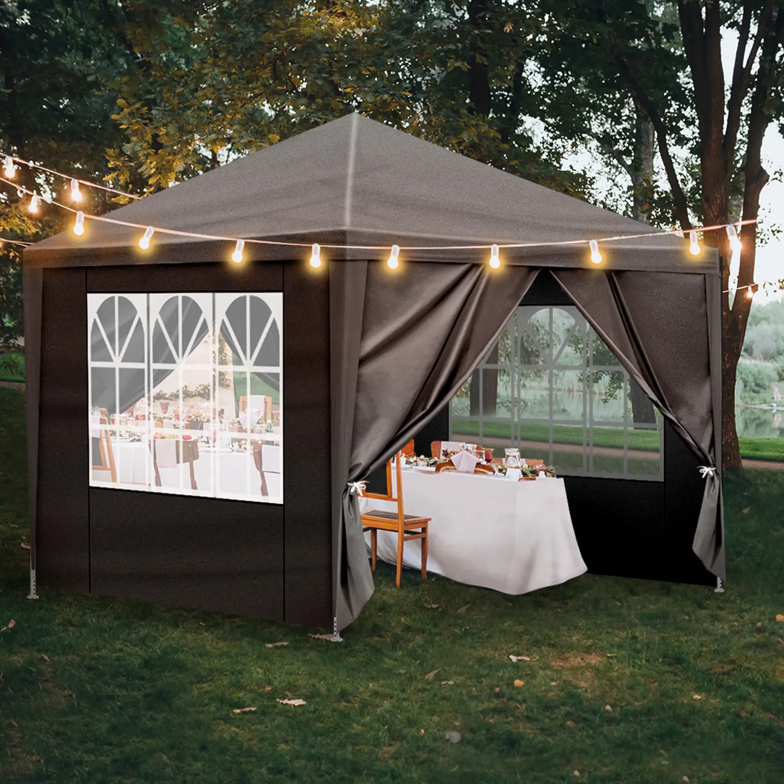 10x10ft Square Black 4-Side Gazebo with PE Cloth, Sprayed Iron Pipe, Spiral Pipe, Metal Frame, Removable Side Panels, Transparent Windows, Stable, Weatherproof, Assembly Required, Easy Setup for Backyard Picnics, Protection from Sun, Rain, Wind, Bbqs