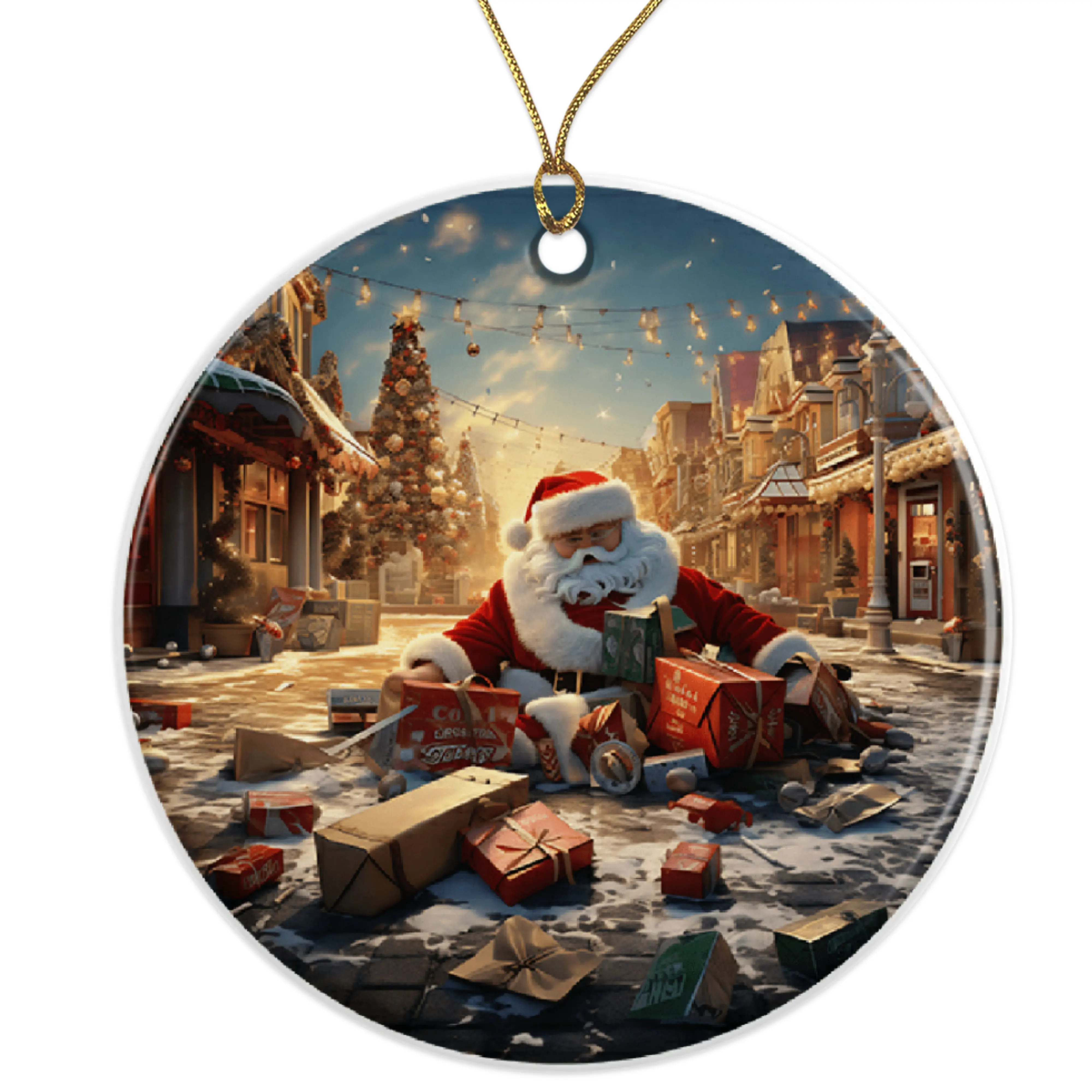 Cute Funny Santa Ornament | Christmas Tree Decor | Santa with Gifts | Holiday Ornament | Xmas Decoration | Santa Decor Ceramic Ornament - 3 Inch Christmas Tree Round Ornament - Xmas Holiday Decor - String Included - ORNW0168