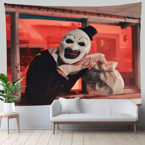 A tapestry with scary clown print, easy to hang, perfect for living room, dorm or Halloween decorations, great gift for horror fans 30X40In