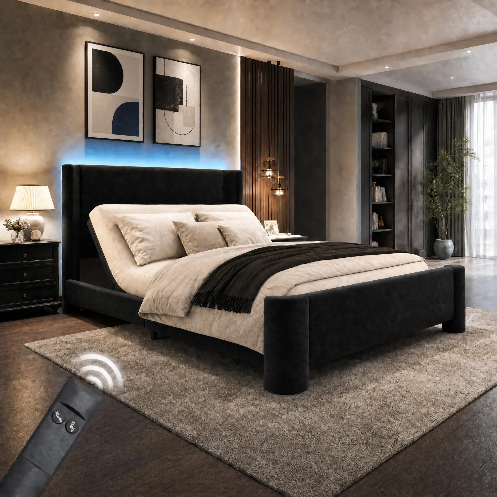 Torana Full Adjustable Bed Frame with LED Light, Upholstered Platform Bed, Quiet Motor with Remote Control, Head Incline, Linen Fabric, No Box Spring Needed, Black