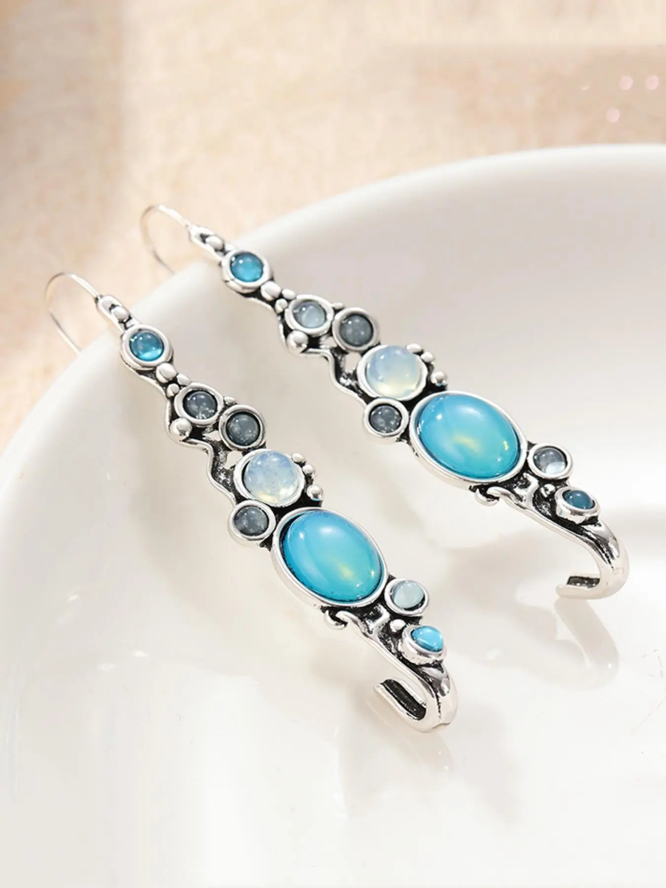 Silver Color Moonstone Earrings, Handmade Silver Color Pendant Long Earrings, Unique Fashion Jewelry for Elegant Style, Trendy Fashionable Accessories