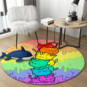 Rainbow Cat Pattern Round Rug, Memory Cotton Material, Non-Slip Backing, Absorbent, Soft, Suitable for Living Room, Bedroom, Dining Room, Bathroom