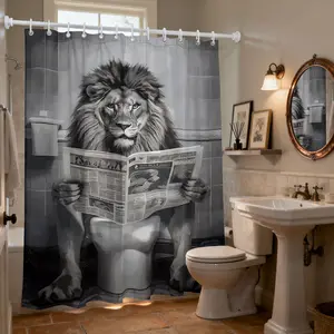 1pc The Lion Reading the Newspaper Pattern Shower Curtain with Hooks, Machine Washable, Bathroom Partition Curtain, Suitable for Walls and Bathtubs, Bathroom Home Decoration Shower Curtain