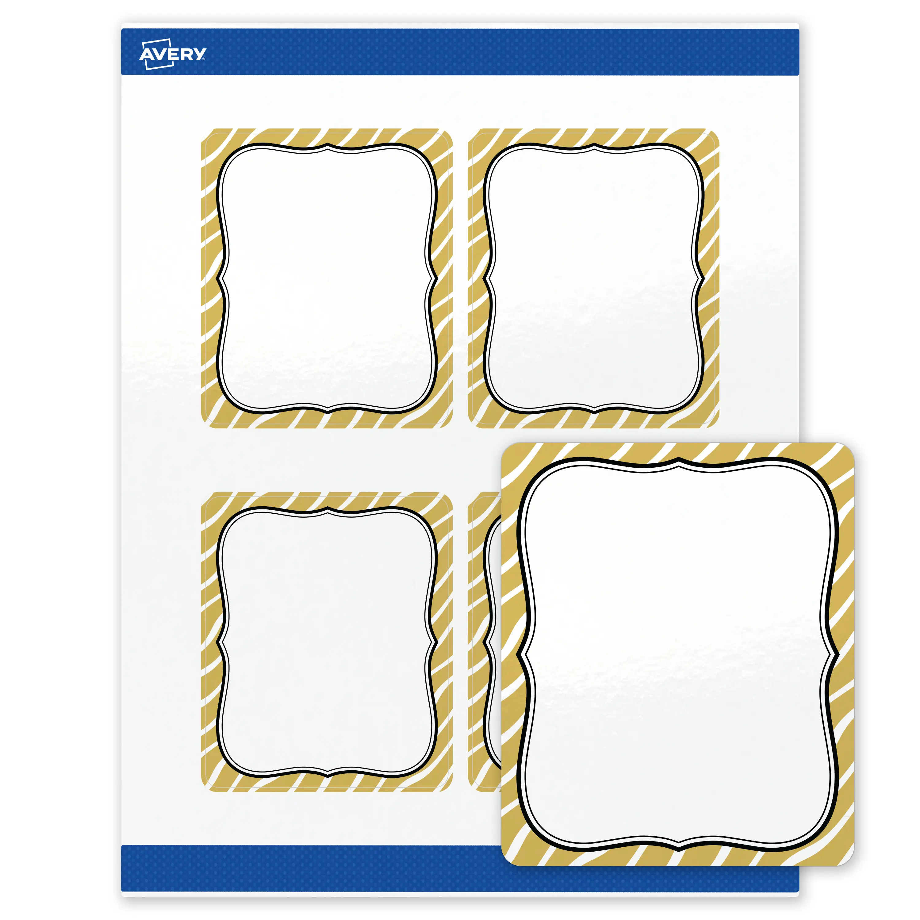 Avery Printable Rectangle Labels, 4" x 3-1/3", Glossy White, Pre-printed Metallic Gold Zebra Pattern Design, Sure Feed Technology, Laser & Inkjet Compatible, 80 Total