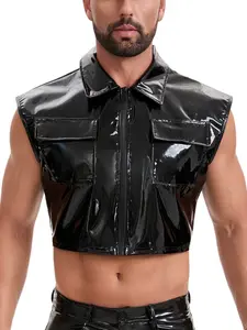 Men's Glossy Leather Cropped Motorcycle Jacket, Sexy Zipper Pocket Lapel Tank Tops, Wetlook Sleeveless Casual Half Tops Clubwear
