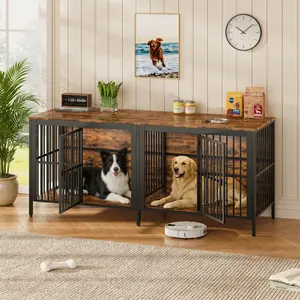 80" Dog Crate End Table, Heavy Duty 2-Door Indoor Pet Kennel, Multipurpose Dog House Furniture as TV Stand or Side Table for Living Room, Large & Medium Dogs.(Rustic Brown)