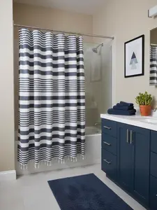 Serafina Home Blue and White Striped Cotton Fabric Shower Curtain with Fringe for Bathtub or Shower, Machine Washable Bath Curtain, 72 x 72 Inch, Margot Denim