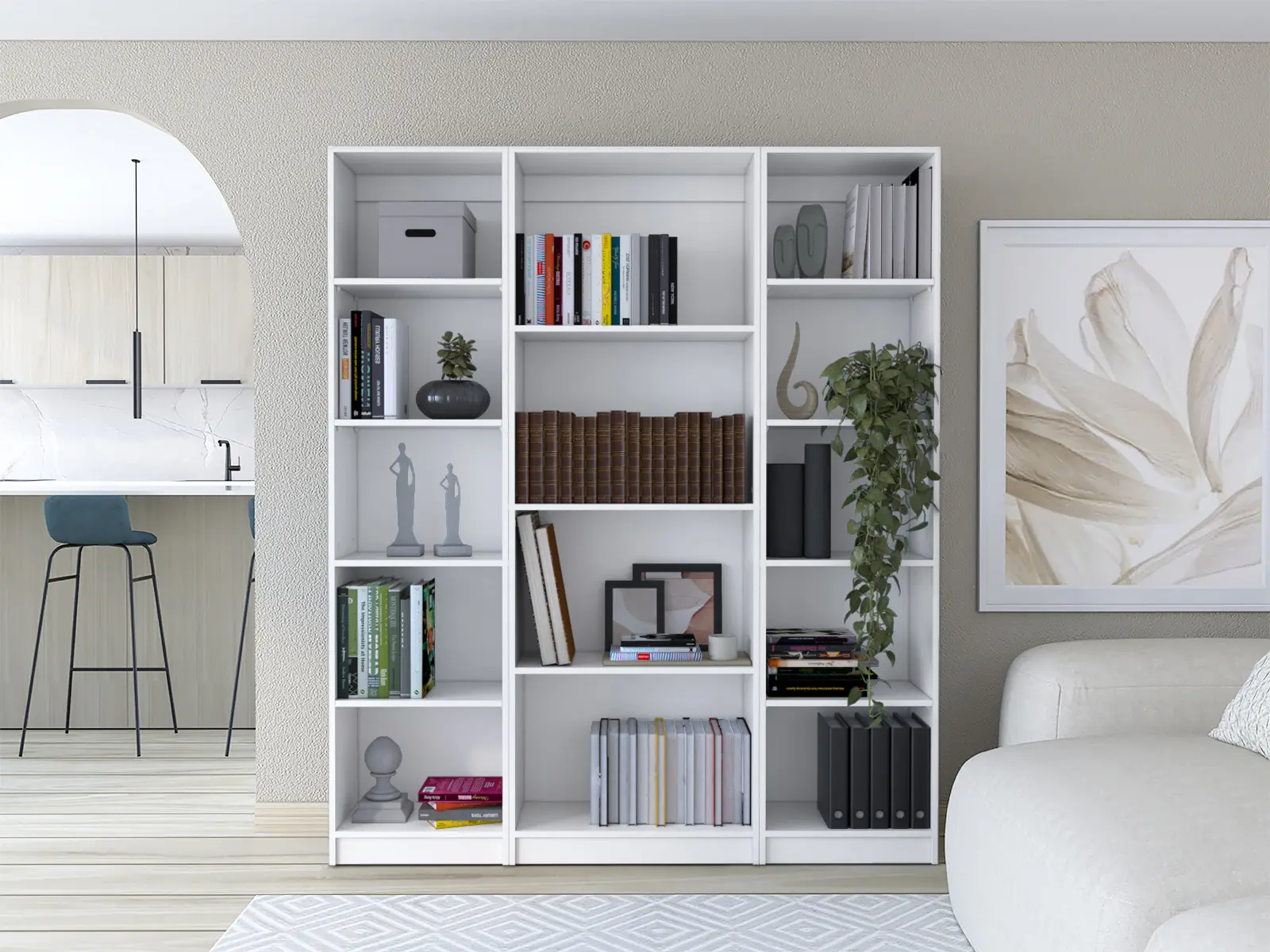 TREEVOL FURNITURE Torrey 3 Piece Living Room Set with Bookcase Benzoni + 2 Bookcase XS Benzoni, White