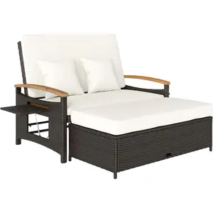 Rattan Outdoor Daybed, PE Wicker Patio Loveseat with Storage Ottoman, 4-Level Adjustable Back, Folding Side Trays, Acacia Wood Armrest, Double Sun Lounger with Cushions, Pillows,  4-in-1 ottoman