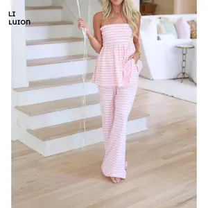 Womens Striped Two Piece Sets Summer Lounge Outfits Sailor Tube Top and Pants Matching Set Beach Vacation Travel Y2k
