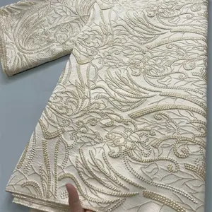 African Brocade Lace Fabric French Floral Design 5 Yards Ivory Color Embroidered Fabric