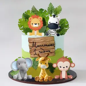 Jungle safari animal cake topper with lion giraffe monkey elephant zebra for wild animals themed birthday baby shower party supplies style 1