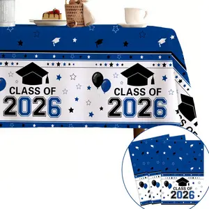 Class of 2026 Graduation Tablecloth Set, Blue & Vinyl Cover for High School College Parties, Durable Easy-To-Use Design