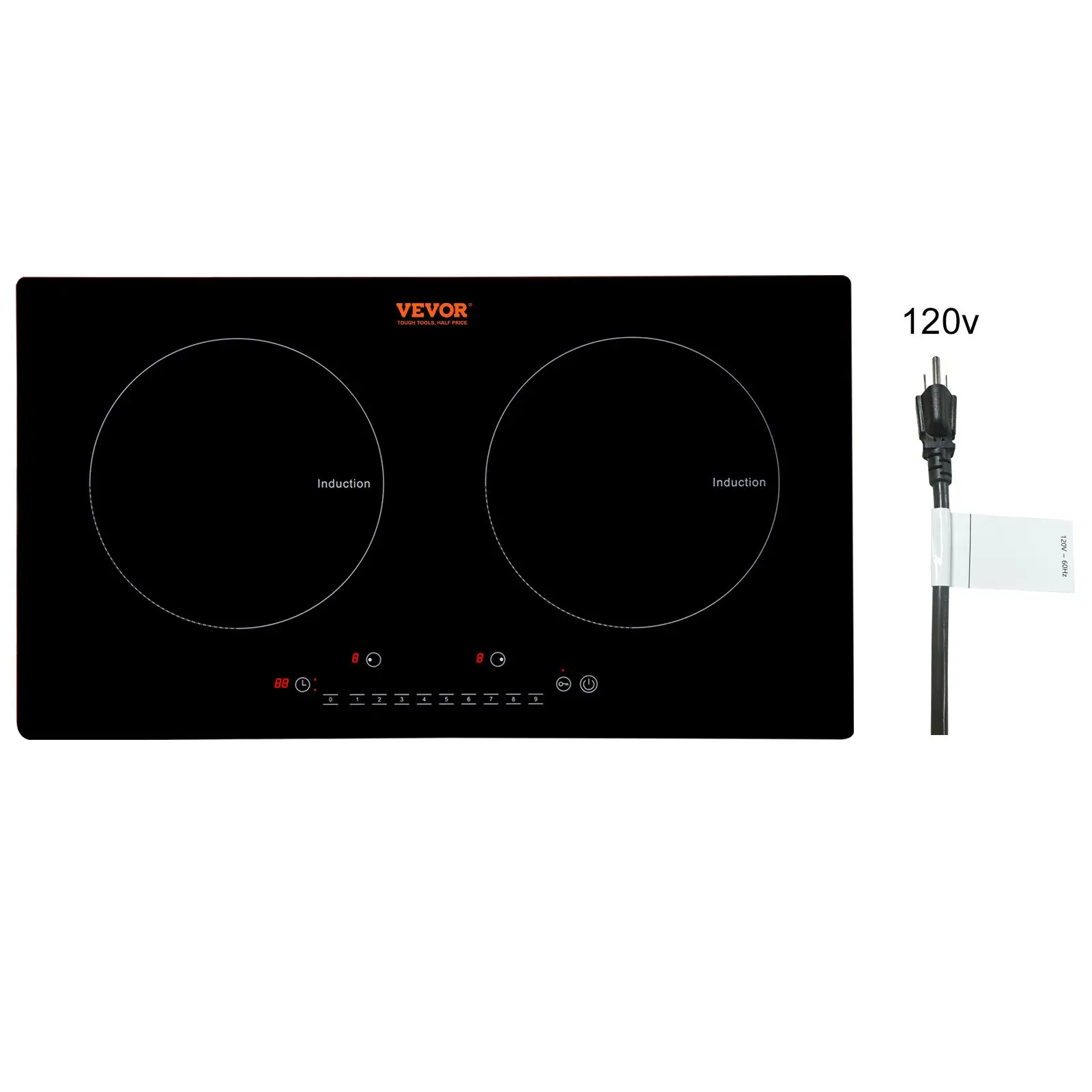 【Summerfinds】VEVOR 24-in Built-in Induction Stovetop - 2-Burner, 1800W Magnetic Cooktop, 9 Heating Levels, LED Touch Display, Timer, Child Lock, Over-Temperature Protection, 110-120v, 4.7 Kg / 10.4 Lbs, Suitable for Cast Iron Pots & Elderly Users, Electro