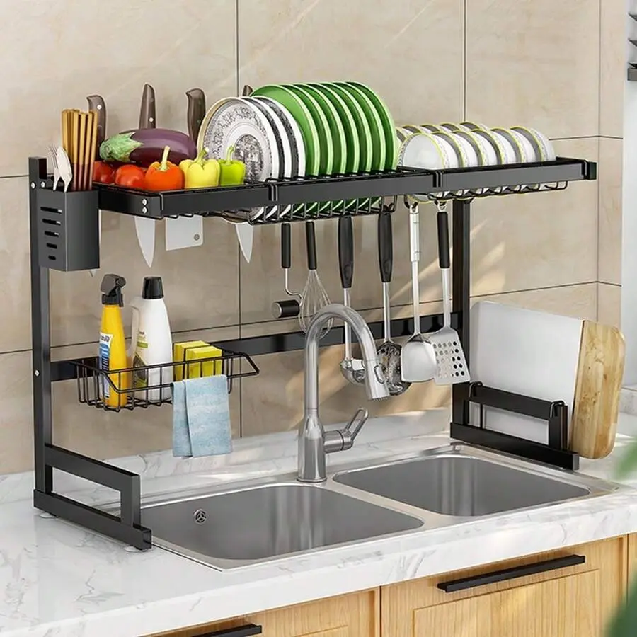 [ManyDFYu] Stainless Steel Over The Sink Dish Drying Rack - 2-Tier 4-Baskets, 33.46" Large Modern Dish Drainer Organizer for Cooking Utensils