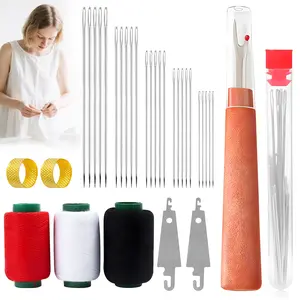 34 Pcs Big Eye Steel Sewing Needles Kit with Thread Ripper, Needle Threaders, Threads and Thimbles,Portable DIY Handcraft Set Travel Sewing Kit Suitable for Handicraft Enthusiasts