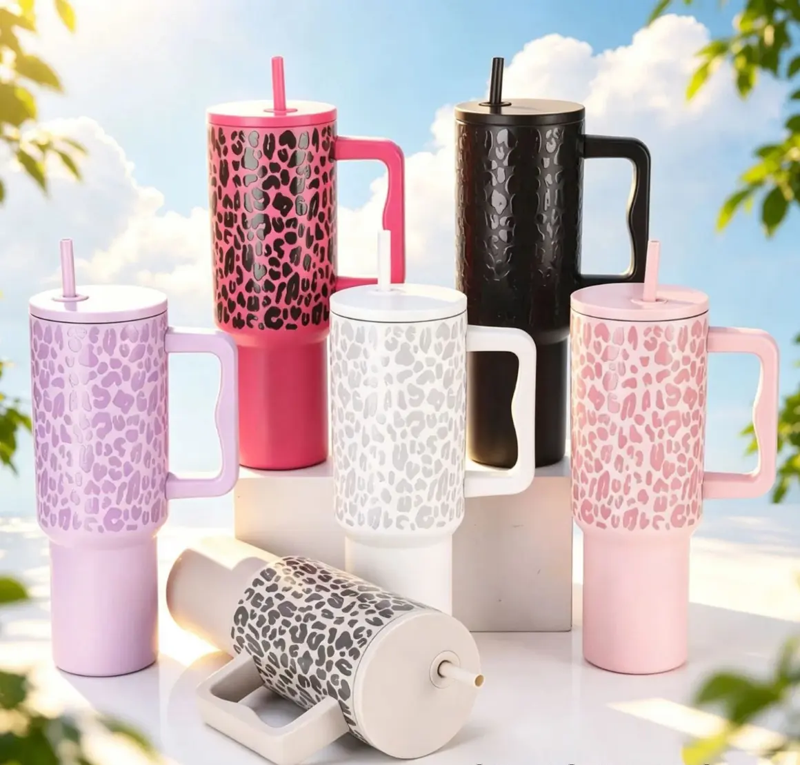 40oz Reusable Hot Pink Leopard Print Insulated Tumbler - Double Wall Stainless Steel Travel Mug with Leak-Proof Seal, Handle, Straw & Twist Lid, 24H Cold/10H Heat Retention, Ideal for Car/Gym Use & Holiday Gifts for Friends