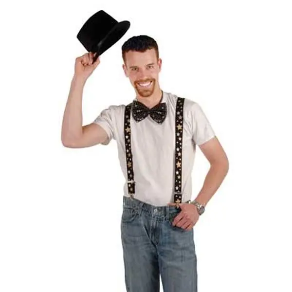 212 MAIN Black Adjustable Suspenders - Hollywood Glittery Silver and Gold Printed Stars, Unisex Fit, 1 Size Fits Most, Evening Festive Party Supplies Gift for Awards Night Attire