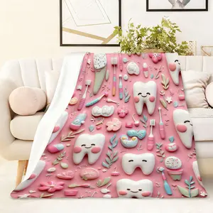 1PC Kids Cartoon Teeth Theme Soft Blanket Cute Smiling Tooth Pattern Baby Comfort Blanket Home Bedroom Sofa Decorative Throw Skin-Friendly Infant Cover Blanket Children's Room Decoration Dental Clinic