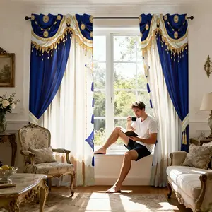 Luxury Blue Gold Window Drapes Curtain Set, Home Decorative Curtain, Interior Decoration Accessories, 100% Semi-Sheer Semi-Transparent Polyester Fabric, Knitted Weave, Ideal for Bedroom Office Living Room Decor