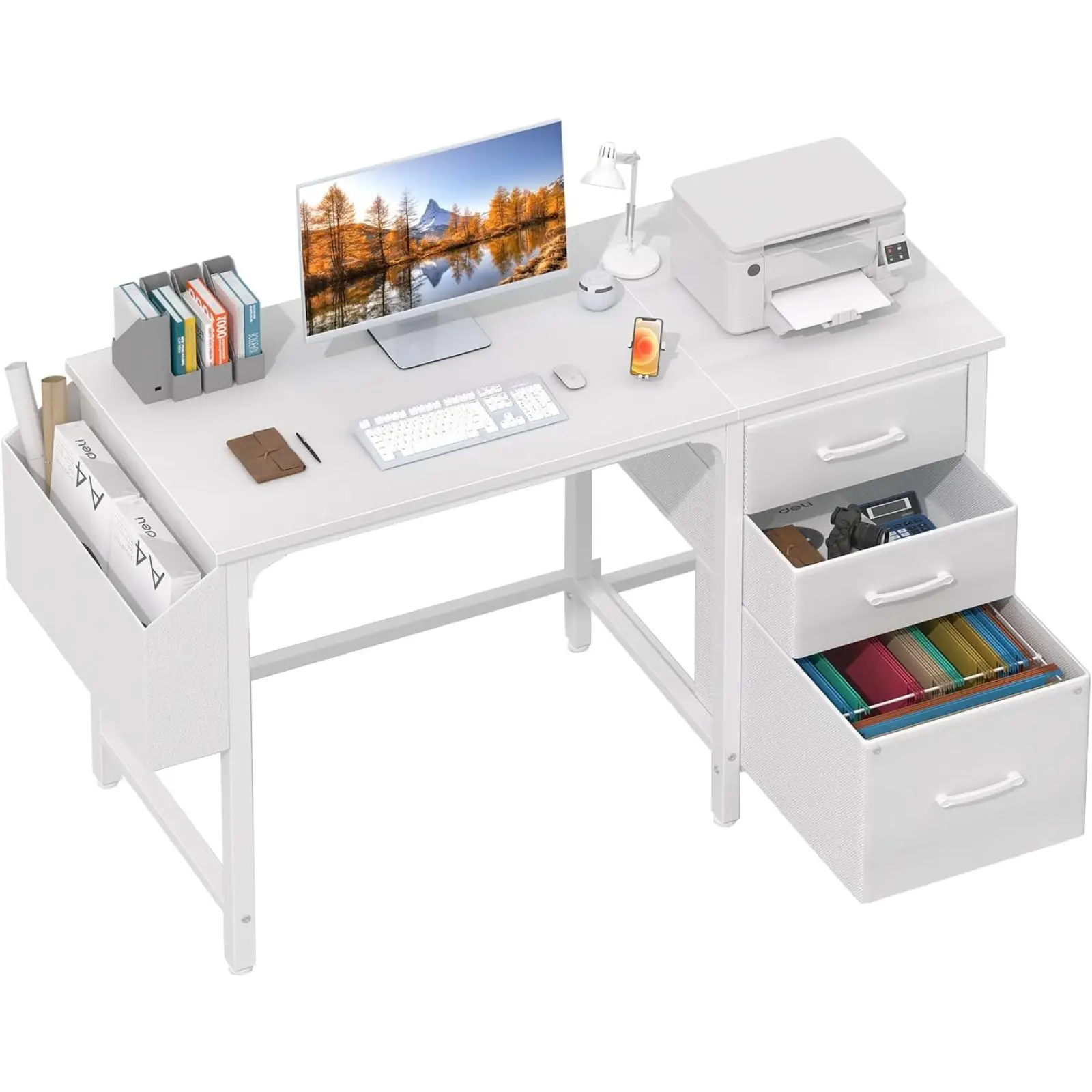 Lufeiya Computer Desk with File Drawers Cabinet, 47 Inch Home Office Desks with Fabric Filing Cabinet for Small Space, Modern Writing Table PC Desks,