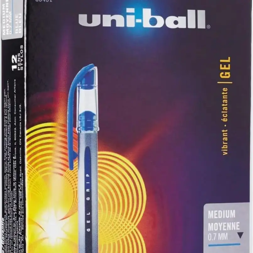 Uniball Signo GRIP Gel Pen, Stick, Medium 0.7 mm, Blue Ink, Clear/Blue/Silver Barrel, Dozen