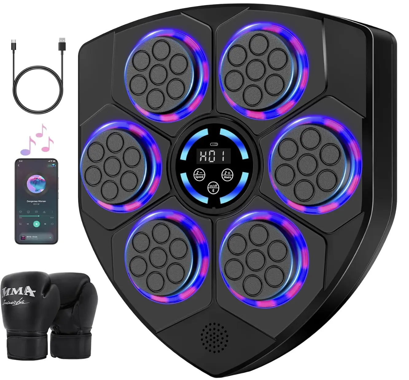 Music Boxing Machine for Adults, Wall Mounted Punching Machine with Gloves Adjustable Height, LED Electronic Boxing Workout Machine with 9 Modes & 9 Speeds Fun Digital Smart Essential House Home Son Daughter Toy Christmas Black Friday Mom Dad Gift Present
