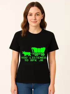Black T-Shirt with Green RFK Jr. Carriage Graphic & Text, Casual Wear, Personalized Short Sleeve Tee, Unisex, Breathable, Fits All Sizes, Made in USA