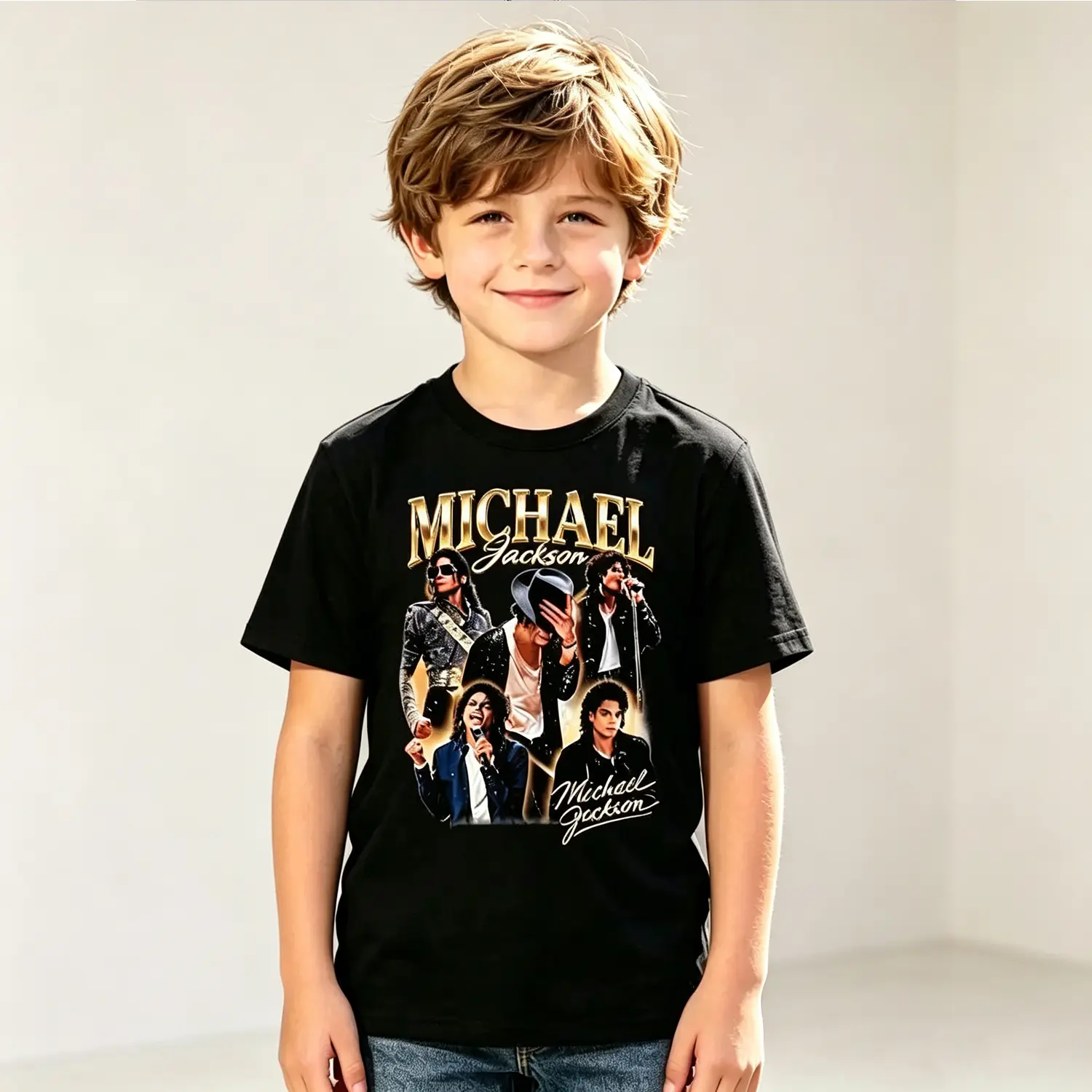 Michael Jackson Kids Cotton T-Shirt - King of Pop Graphic Tee, Boys Clothing Girls Kids Clothing Fitted Cut Short Sleeve Tops, Vintage Retro Music Fan Casual Wear, Soft Breathable Summer Gift, Kids Clothing Girls, Slight Stretch