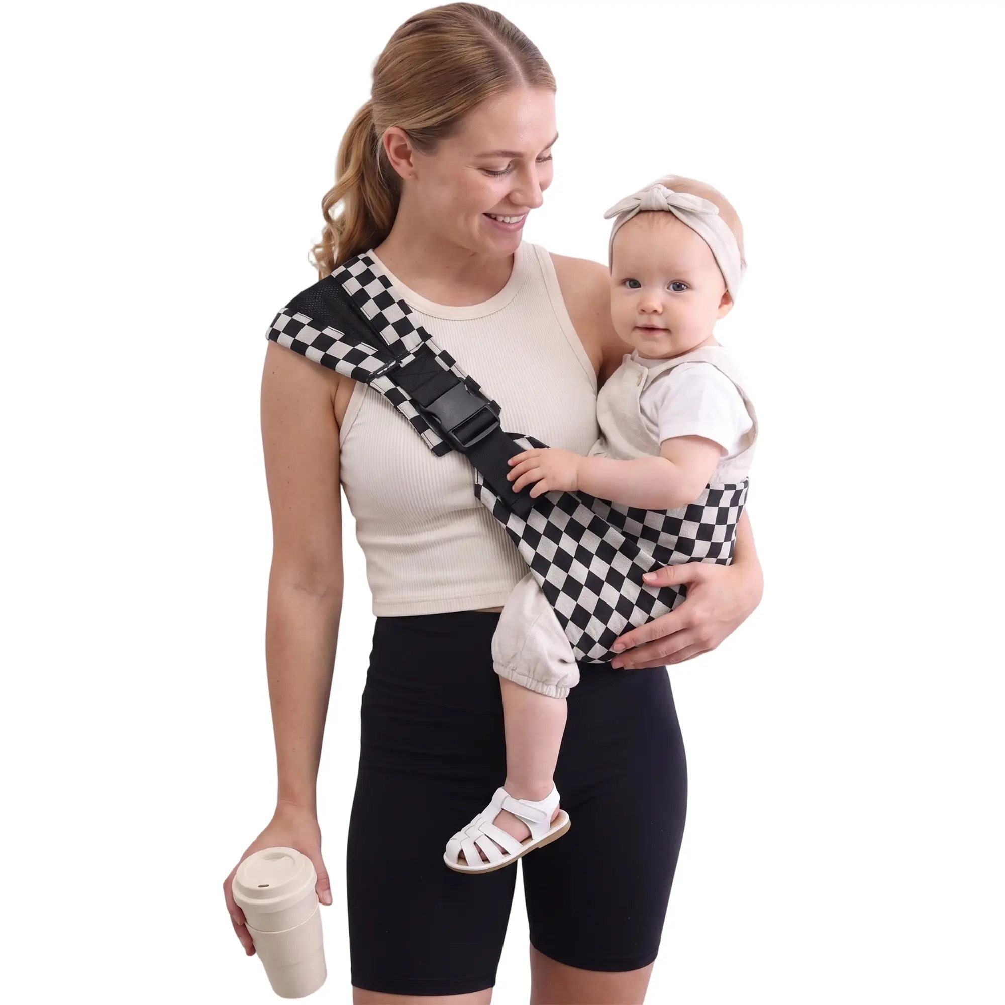 Practical Infant Gift Checkered Baby Side Carrier in Cotton Linen for Toddler