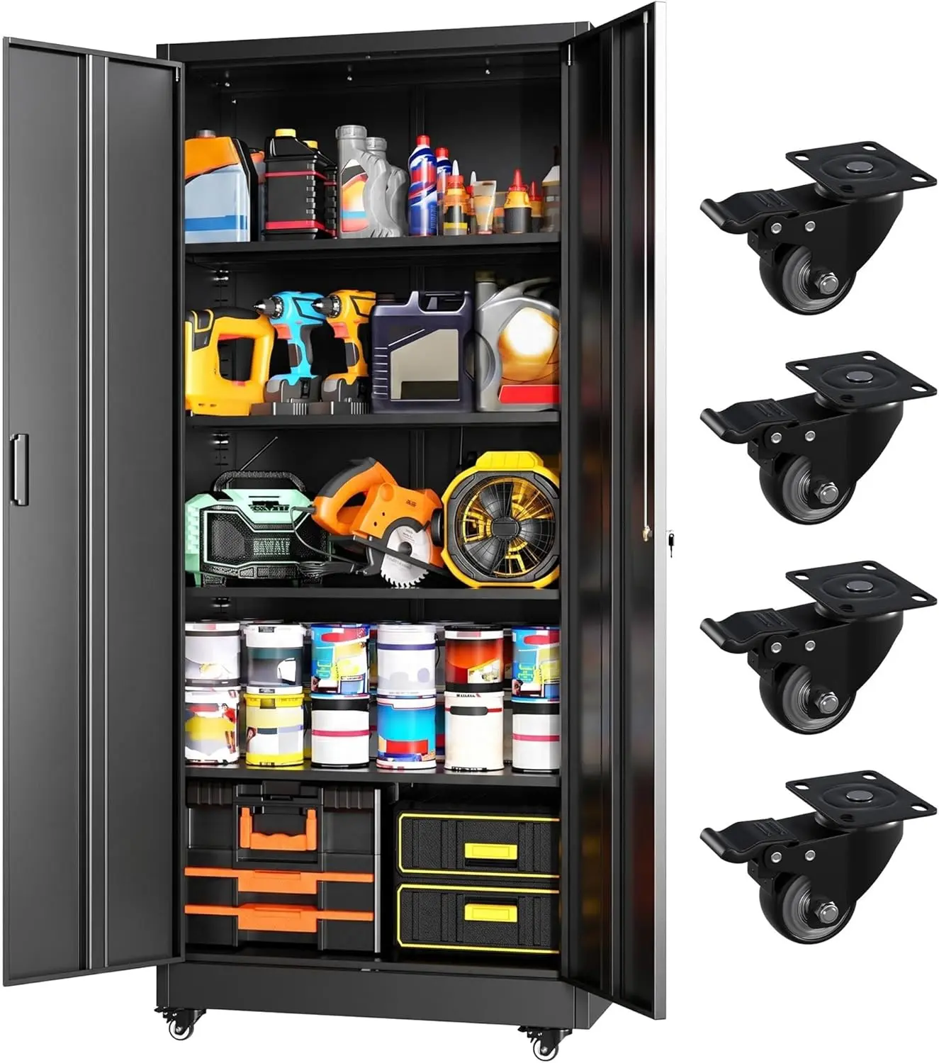 Greenvelly Metal Garage Storage Cabinet with 4 Swivel Wheels, 73" Black Storage Cabinet on Wheels, Rolling Tool Cabinet with Locking Doors and Shelves for Garage, Basement, Home, Warehouse