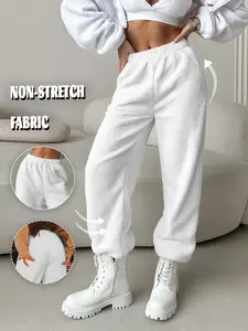 Women's Fuzzy Sherpa Joggers, High Waist Plus Size Casual Sweatpants, Trendy Streetwear Style, Comfortable Home Wear