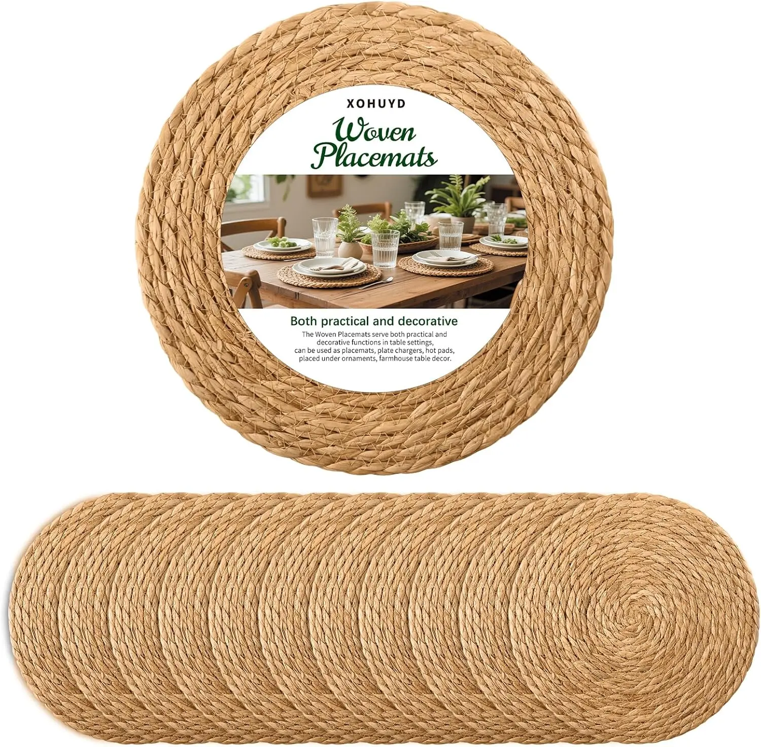 12-Piece Natural Woven Round Placemat Plate Chargers, Boho Farmhouse Rustic Tableware, Jute Braids Rattan Wicker Mats for Kitchen Dining Party Decor & Dinner Plates, One Size Coasters