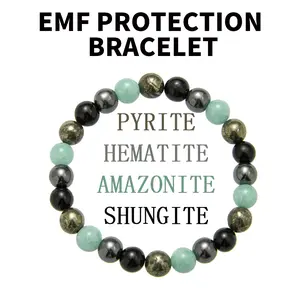 DB- EMF Protection Bracelet: Shungite, Hematite, Pyrite & Amazonite 8 mm Round Protection Crystals (Crystal Healing Bracelet, Gift) bracelet  for men-DB